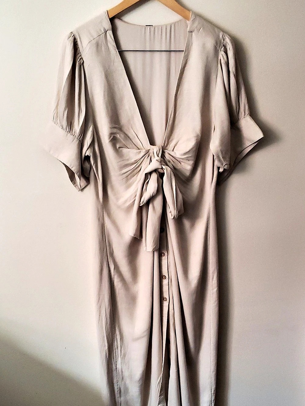 Free People Linen Viscose Tie Front Vintage Style Midi Dress in Stone Beige